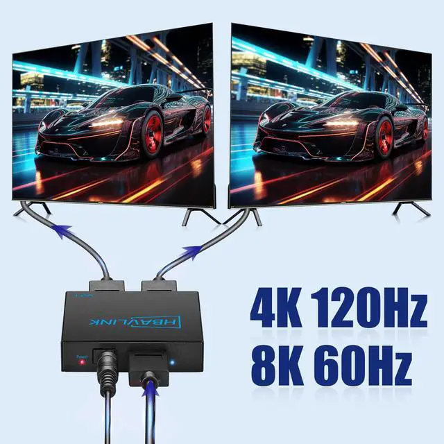 Alt view image 2 of 6 - 8K HDMI Splitter 1 in 2 Out 4K 120Hz- HDCP 2.3, VRR, HDR, Dolby/DTS5.1-1x2 HDMI 2.1 Splitter Mirror Display for PS3/4/5, Apple TV, Xbox, Fire TV Stick/Cube, Roku Stick, etc