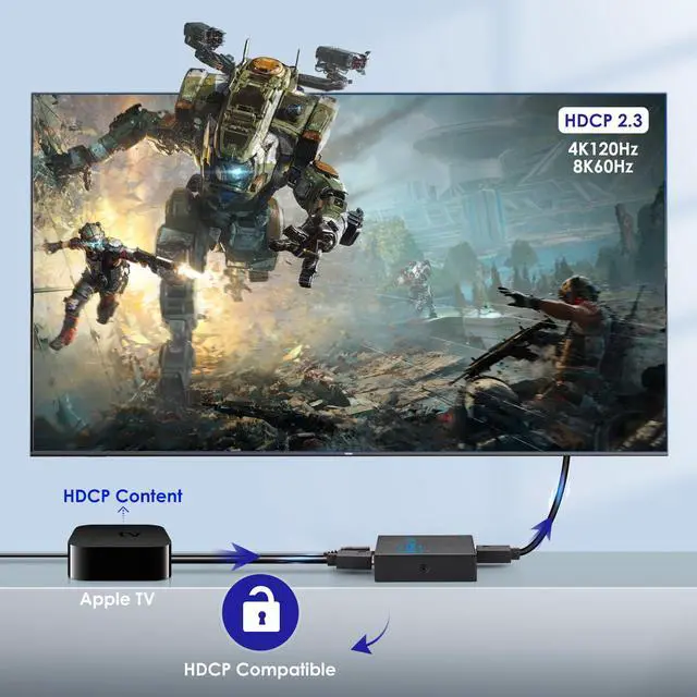 Alt view image 3 of 6 - 8K HDMI Splitter 1 in 2 Out 4K 120Hz- HDCP 2.3, VRR, HDR, Dolby/DTS5.1-1x2 HDMI 2.1 Splitter Mirror Display for PS3/4/5, Apple TV, Xbox, Fire TV Stick/Cube, Roku Stick, etc
