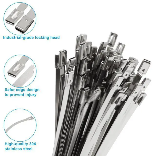 Alt view image 2 of 5 - Metal Zip Ties, 18 Inch, 304 Stainless Steel | 100 Pcs, Self-Locking Cable Ties, 270lbs Tensile Strength, Heavy Duty, For Vehicles, Farms, Gardens, Outdoor Chain Link Fence