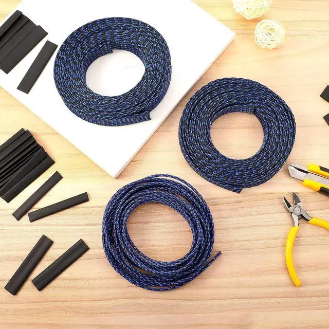 Alt view image 3 of 6 - 50ft PET Expandable Braided Cable Sleeve, Wire Loom Braid Sleeving with 127 Pieces Shrink Tube for Audio Video and Other Home Device Cable Automotive Wire(1 Inch, 1/4 Inch, 3/4 Inch,Blue)