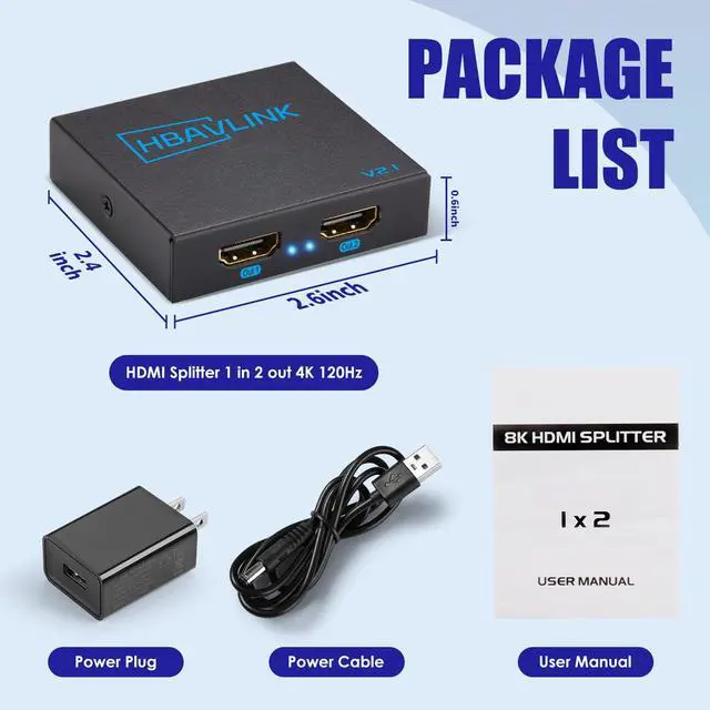 Alt view image 6 of 6 - 8K HDMI Splitter 1 in 2 Out 4K 120Hz- HDCP 2.3, VRR, HDR, Dolby/DTS5.1-1x2 HDMI 2.1 Splitter Mirror Display for PS3/4/5, Apple TV, Xbox, Fire TV Stick/Cube, Roku Stick, etc