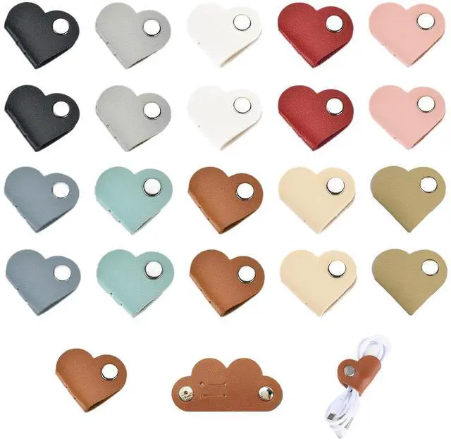 Main image of 20 Pcs Heart Cord Organizer, PU Leather Cable Straps, Portable Cable Straps for Headphone, Cute Earphones Winder for Travel, School, Office (10 Colors)