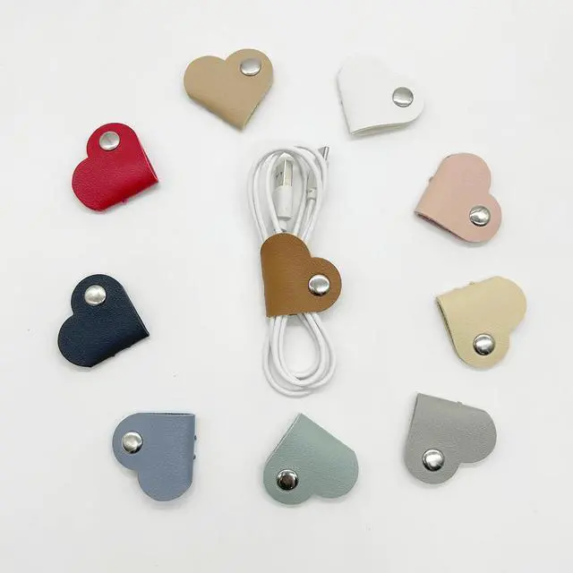Alt view image 5 of 7 - 20 Pcs Heart Cord Organizer, PU Leather Cable Straps, Portable Cable Straps for Headphone, Cute Earphones Winder for Travel, School, Office (10 Colors)