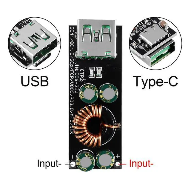 Alt view image 3 of 6 - 2PCS 60W 6-35V DC to USB Type C PD 3.0 QC4 Type A QC3.0 DC Fast Charge 12V 24V Step-Down Power Module USB Type-C Mobile Phone Quick Charge Adapter