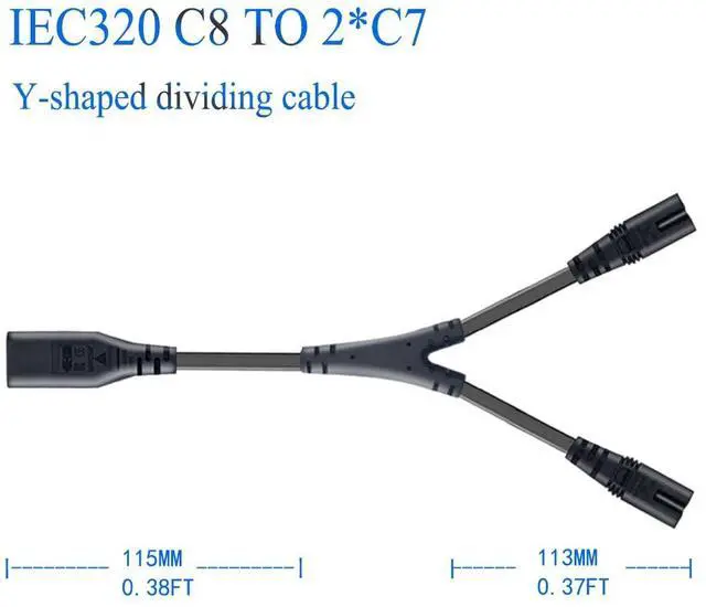 Alt view image 4 of 7 - 2 Pack 1 in 2 Out IEC320 C8 to 2 C7 Y Splitter Power Adapter Cable,Dual 8 Figure C7 Female Socket to IEC320 C8 Plug Connect Two Devices simultaneously AC Power Cable1FT/0.32M