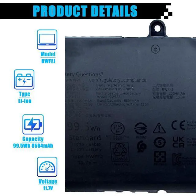 Alt view image 2 of 7 - RWFFJ Laptop Battery Replacement for DELL XPS 9640 2024 Series 0J8FK9 J8FK9 0WPGCC WPGCC 99.5Wh 8504mAh 11.7V