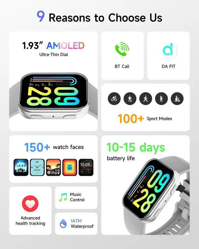 Alt view image 3 of 6 - Smart Watch for Men/women 1.93" HD Fitness Tracker & band*2 for iOS/Android | 100+ sports activity tracker with hear trate/Stress/sleep monitor,10-15days Battery life waterproof gray