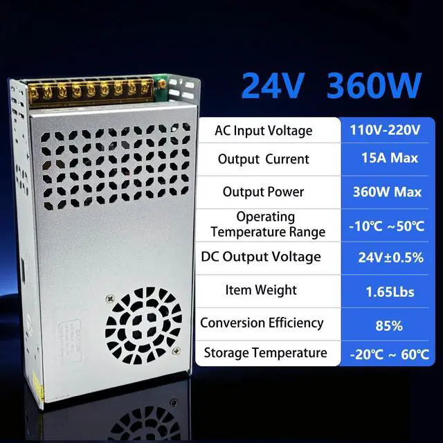 Alt view image 2 of 7 - 110V AC to DC 24V Converter 120V to 24V 15A 360W Power Supply | 15A 360W Switching Power Supply for LED Strip Motor Pump CCTV Camera System Car Stereo 3D Printer
