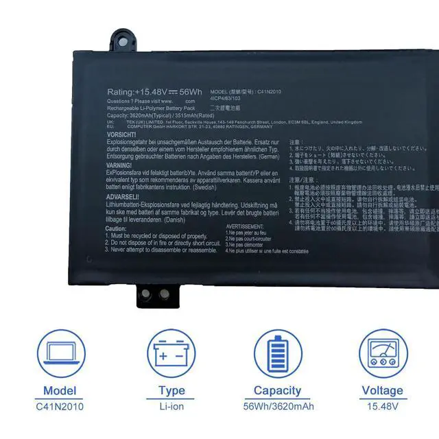 Alt view image 2 of 6 - C41N2010 battery for Asus Gaming laptop TUF FX507 FA507 ROG Strix G15 G513 | ROG Strix G15 G513IH G513IC G513QC G513QE TUF Gaming A15 FA507 TUF Gaming F15 FX507 56Wh 3620mAh
