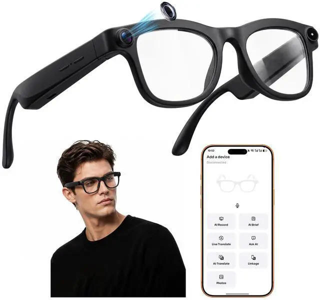 Main image of AI Smart Glasses with 8MP Camera, 4K HD Anti-Shake Video & Photo Capture, Real Time Translation, AI Voice Assistant, Open-Ear Bluetooth Audio, AI Recording Glasses for Travel/Vlog/Work