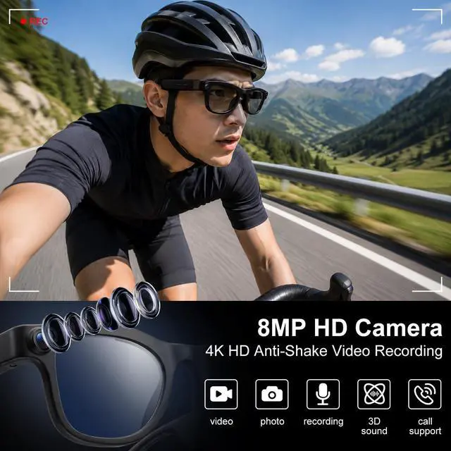 Alt view image 2 of 7 - AI Smart Glasses with 8MP Camera, 4K HD Anti-Shake Video & Photo Capture, Real Time Translation, AI Voice Assistant, Open-Ear Bluetooth Audio, AI Recording Glasses for Travel/Vlog/Work