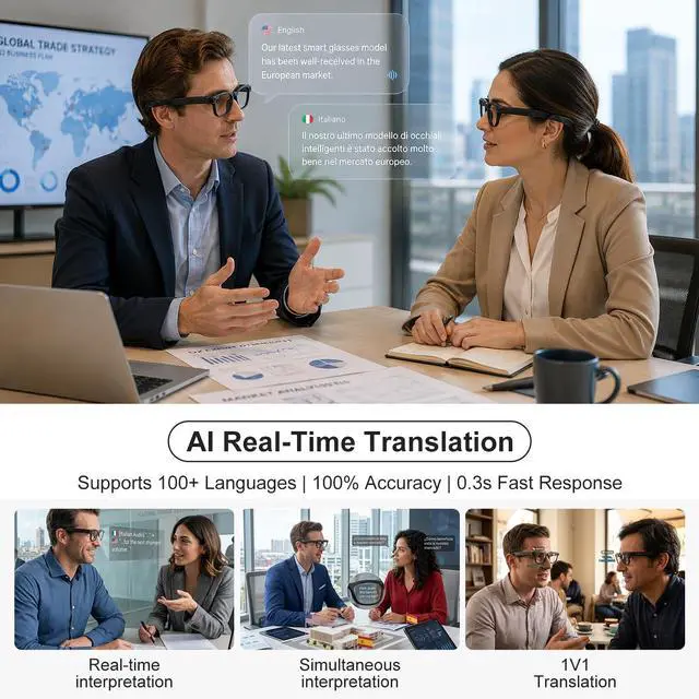 Alt view image 3 of 7 - AI Smart Glasses with 8MP Camera, 4K HD Anti-Shake Video & Photo Capture, Real Time Translation, AI Voice Assistant, Open-Ear Bluetooth Audio, AI Recording Glasses for Travel/Vlog/Work