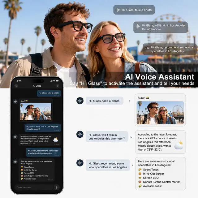Alt view image 4 of 7 - AI Smart Glasses with 8MP Camera, 4K HD Anti-Shake Video & Photo Capture, Real Time Translation, AI Voice Assistant, Open-Ear Bluetooth Audio, AI Recording Glasses for Travel/Vlog/Work
