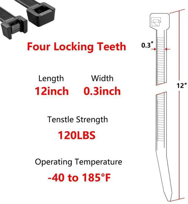 Alt view image 2 of 6 - 12 Inch Heavy Duty Zip Ties, 0.3 Inch Wide 120LBS Tensile Strength, Self-Locking Black Nylon Cable Ties for Outdoor Indoor Use, Home Office Garden Automotive Wire Cord Management,by