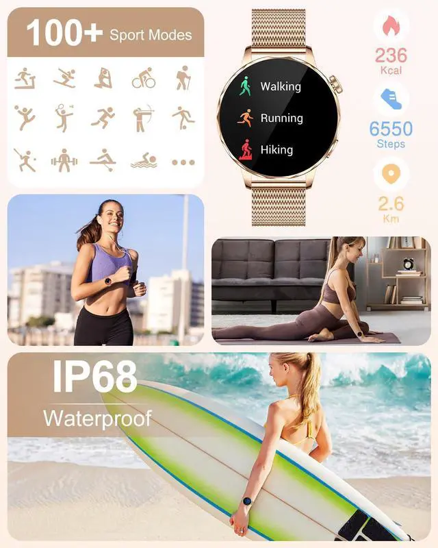 Alt view image 4 of 6 - Smart Watches for Women, IP68 Waterproof Fitness Tracker, Answer/Make Calls, 100+ Sport Modes, Heart Rate/Sleep/Steps Monitor for Android Phones and iPhone (Rose Gold)
