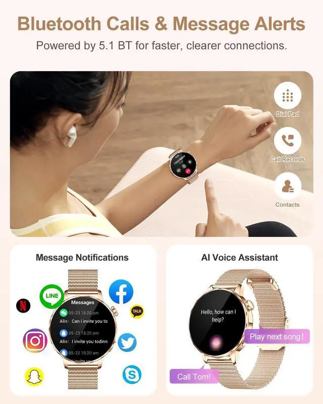 Alt view image 6 of 6 - Smart Watches for Women, IP68 Waterproof Fitness Tracker, Answer/Make Calls, 100+ Sport Modes, Heart Rate/Sleep/Steps Monitor for Android Phones and iPhone (Rose Gold)