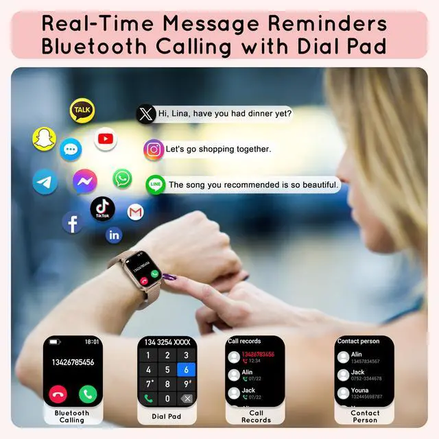 Alt view image 6 of 6 - Smart Watch for Women for Android & iPhone 1.85" HD Fitness Tracker IP68 | Bluetooth Call Smartwatch with Heart Rate SpO2 Sleep Monitor, DIY Dial 120+Sport Step IP68 Waterproof, 3 Band/1000mAh