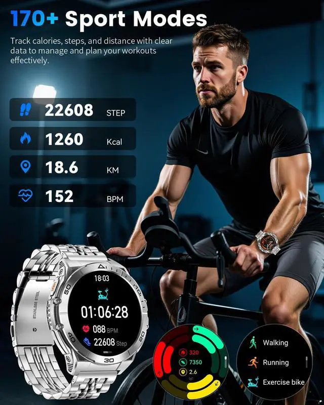 Alt view image 4 of 6 - Military Smart Watches for Men with Bluetooth Call, 1.6" AMOLED Waterproof Smartwatch with Flashlight, 116 Sport Modes, 900mAh Heart Rate/SpO2/Sleep Monitor Fitness Tracker for Android iOS