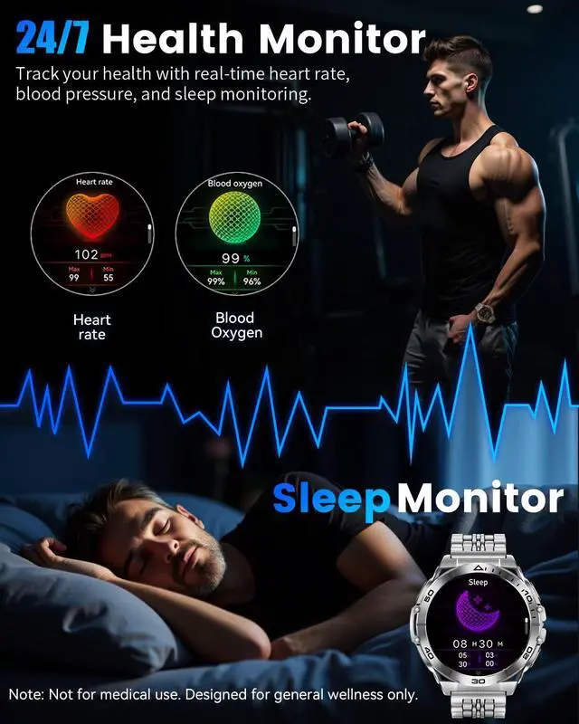 Alt view image 5 of 6 - Military Smart Watches for Men with Bluetooth Call, 1.6" AMOLED Waterproof Smartwatch with Flashlight, 116 Sport Modes, 900mAh Heart Rate/SpO2/Sleep Monitor Fitness Tracker for Android iOS
