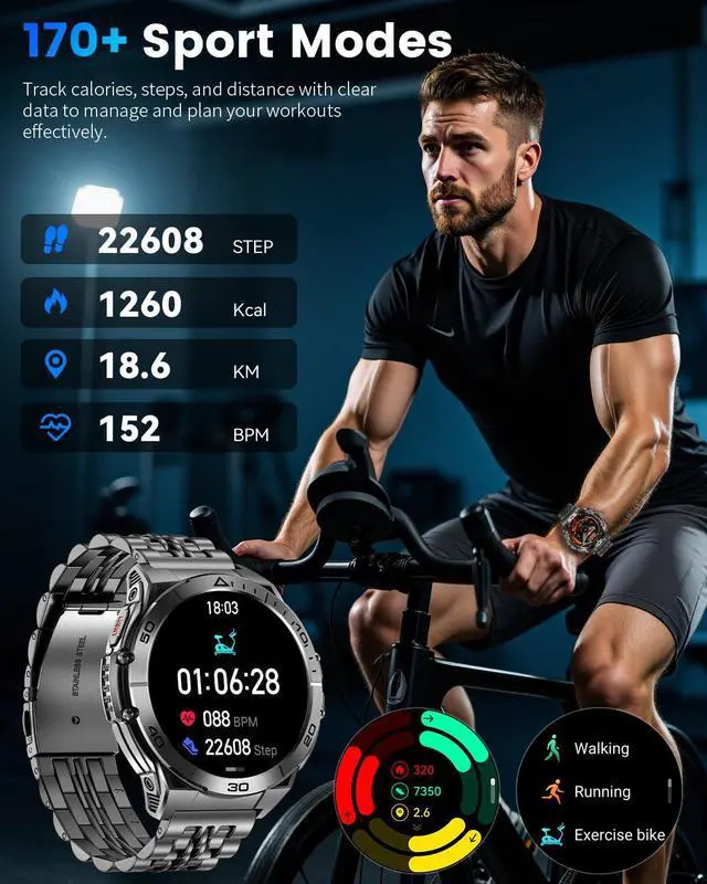 Alt view image 4 of 6 - Military Smart Watches for Men with Bluetooth Call, 1.6" AMOLED Waterproof Smartwatch with Flashlight, 116 Sport Modes, 900mAh Heart Rate/SpO2/Sleep Monitor Fitness Tracker for Android iOS
