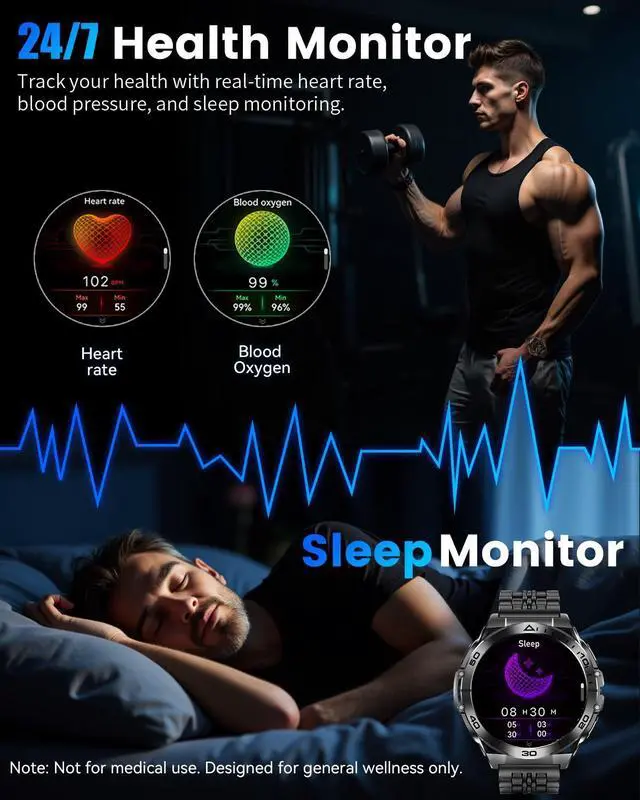 Alt view image 5 of 6 - Military Smart Watches for Men with Bluetooth Call, 1.6" AMOLED Waterproof Smartwatch with Flashlight, 116 Sport Modes, 900mAh Heart Rate/SpO2/Sleep Monitor Fitness Tracker for Android iOS