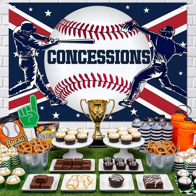 Alt view image 3 of 6 - Happy Birthday Baseball Backdrop - Catcher Pitcher & Concessions Theme with Red Blue Design for Snack Stand Celebration, Battery Mates Party, Baseball Baby Shower, Fan Cave Decor 72x43 Inch