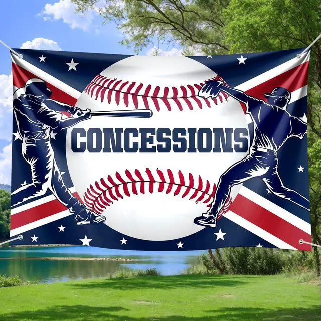 Alt view image 2 of 6 - Happy Birthday Baseball Backdrop - Catcher Pitcher & Concessions Theme with Red Blue Design for Snack Stand Celebration, Battery Mates Party, Baseball Baby Shower, Fan Cave Decor 72x43 Inch