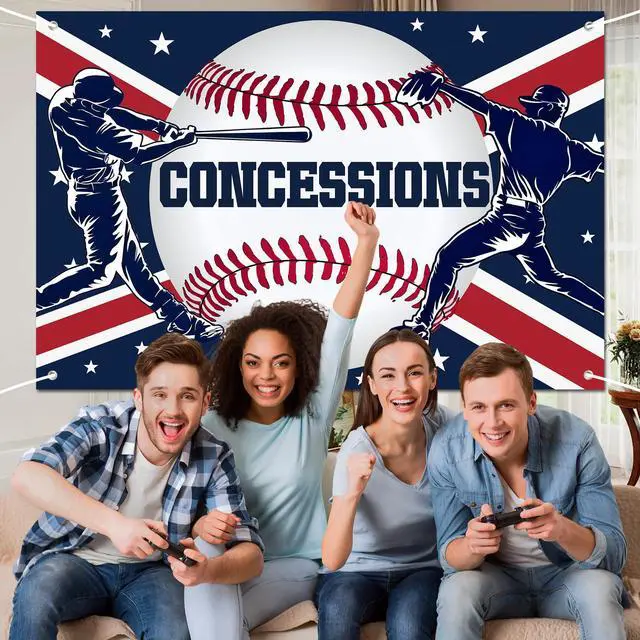 Alt view image 4 of 6 - Happy Birthday Baseball Backdrop - Catcher Pitcher & Concessions Theme with Red Blue Design for Snack Stand Celebration, Battery Mates Party, Baseball Baby Shower, Fan Cave Decor 72x43 Inch