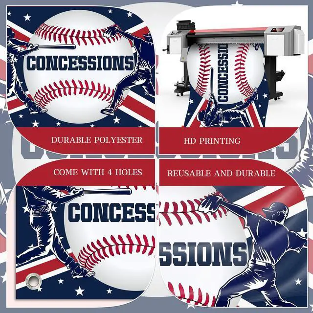 Alt view image 5 of 6 - Happy Birthday Baseball Backdrop - Catcher Pitcher & Concessions Theme with Red Blue Design for Snack Stand Celebration, Battery Mates Party, Baseball Baby Shower, Fan Cave Decor 72x43 Inch