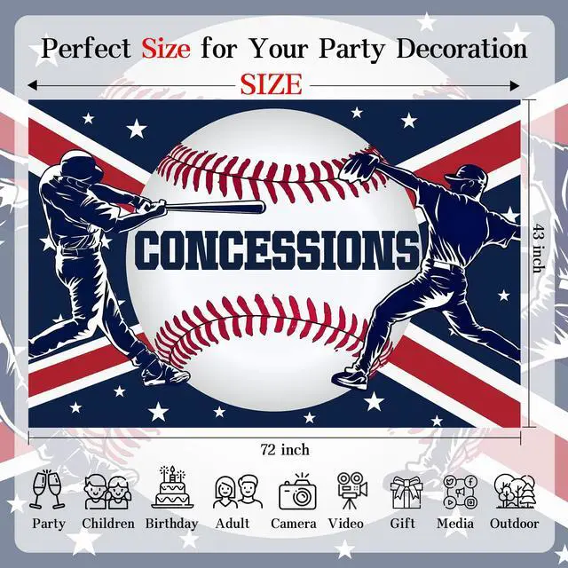 Alt view image 6 of 6 - Happy Birthday Baseball Backdrop - Catcher Pitcher & Concessions Theme with Red Blue Design for Snack Stand Celebration, Battery Mates Party, Baseball Baby Shower, Fan Cave Decor 72x43 Inch