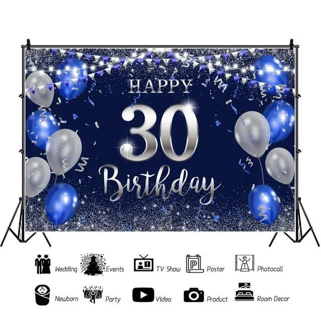 Alt view image 2 of 4 - Happy 30th Birthday Backdrop 6x4ft Fabric Blue 30th Birthday Backdrops for Men Women Bday Party 30 Year Old Party Decoration Backdrops