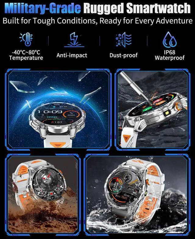 Alt view image 4 of 6 - Military Smart Watches for Men with 1000mAH Battery, 1.7" HD Sports Smartwatch with Flashlight/Bluetooth Call/Heart Rate/SpO2/Sleep Monitor, Fitness Tracker for iPhone/Android Phones