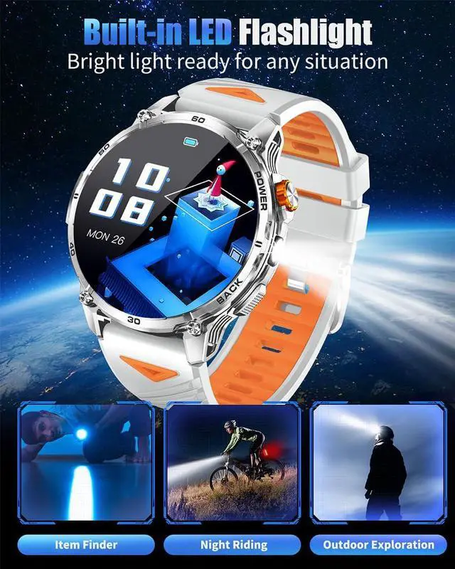 Alt view image 5 of 6 - Military Smart Watches for Men with 1000mAH Battery, 1.7" HD Sports Smartwatch with Flashlight/Bluetooth Call/Heart Rate/SpO2/Sleep Monitor, Fitness Tracker for iPhone/Android Phones