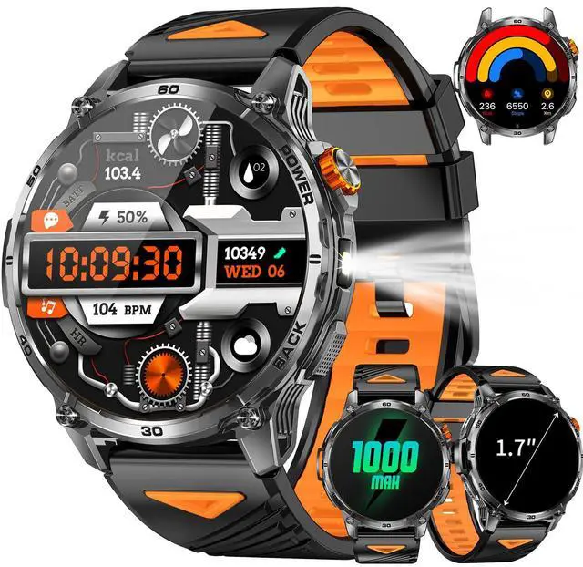Main image of Military Smart Watches for Men with 1000mAH Battery, 1.7" HD Sports Smartwatch with Flashlight/Bluetooth Call/Heart Rate/SpO2/Sleep Monitor, Fitness Tracker for iPhone/Android Phones