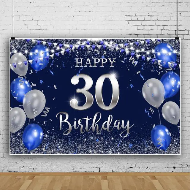 Alt view image 3 of 4 - Happy 30th Birthday Backdrop 6x4ft Fabric Blue 30th Birthday Backdrops for Men Women Bday Party 30 Year Old Party Decoration Backdrops