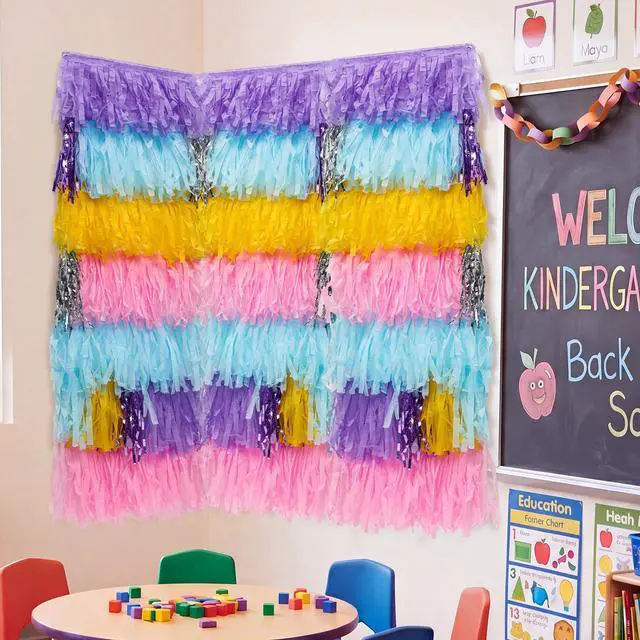Alt view image 2 of 6 - 3 Set Pastel Rainbow Classroom Wall Decoration Fringe Backdrop Multicolor Wall Paper Tassels Fringe Decor for First Day of School Back to School Classroom Reading Corner Bulletin Board Decor