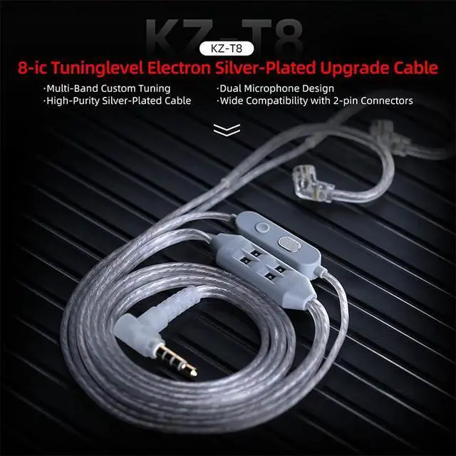 Alt view image 2 of 7 - KZ T8 In Ear Monitor Cable, 8-Level Electronic Tuning Cord with Dual-Mic | 1.25m Silver-Plated Wire, Recessed 2-Pin IEM Cables for Gaming Music, Hifi Audio Replaceable Earbuds Cable (With Mic)