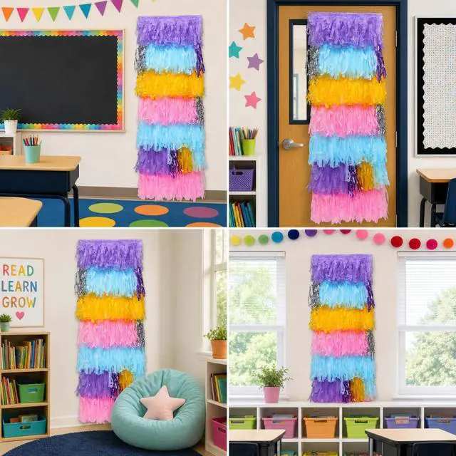 Alt view image 4 of 6 - 3 Set Pastel Rainbow Classroom Wall Decoration Fringe Backdrop Multicolor Wall Paper Tassels Fringe Decor for First Day of School Back to School Classroom Reading Corner Bulletin Board Decor