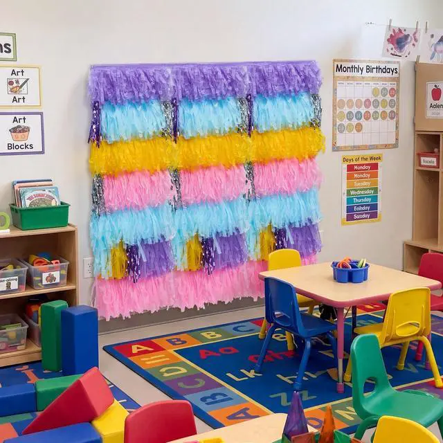 Alt view image 5 of 6 - 3 Set Pastel Rainbow Classroom Wall Decoration Fringe Backdrop Multicolor Wall Paper Tassels Fringe Decor for First Day of School Back to School Classroom Reading Corner Bulletin Board Decor