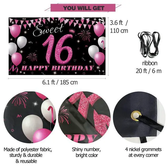 Alt view image 2 of 6 - Sweet 16 Birthday Decorations Backdrop Banner, Sweet Sixteen Decorations for Girls, 16th Birthday Photo Booth Props, Hot Pink 16 Birthday Party Sign Decor for Outdoor Indoor, Fabric 6.1ft x 3ft