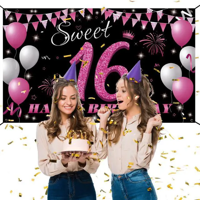 Alt view image 3 of 6 - Sweet 16 Birthday Decorations Backdrop Banner, Sweet Sixteen Decorations for Girls, 16th Birthday Photo Booth Props, Hot Pink 16 Birthday Party Sign Decor for Outdoor Indoor, Fabric 6.1ft x 3ft