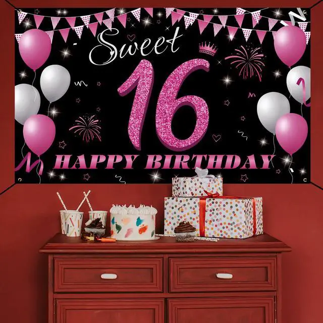 Alt view image 5 of 6 - Sweet 16 Birthday Decorations Backdrop Banner, Sweet Sixteen Decorations for Girls, 16th Birthday Photo Booth Props, Hot Pink 16 Birthday Party Sign Decor for Outdoor Indoor, Fabric 6.1ft x 3ft