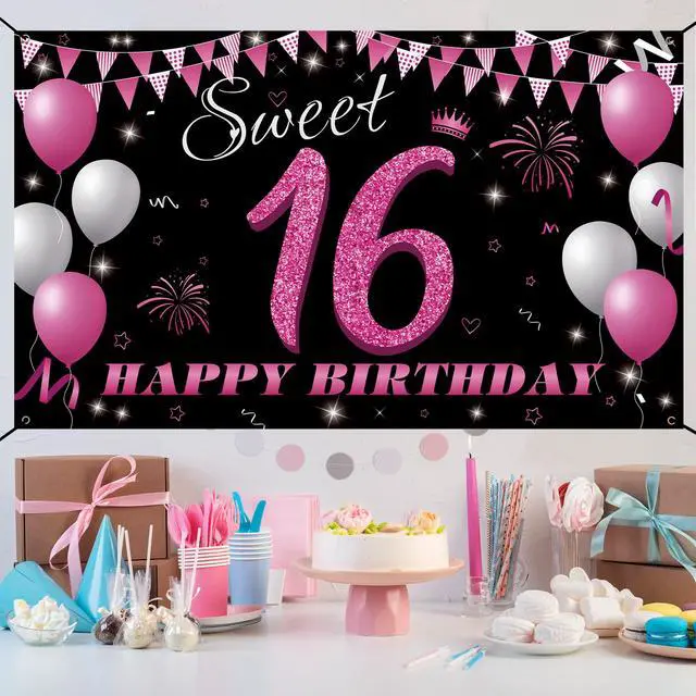 Alt view image 4 of 6 - Sweet 16 Birthday Decorations Backdrop Banner, Sweet Sixteen Decorations for Girls, 16th Birthday Photo Booth Props, Hot Pink 16 Birthday Party Sign Decor for Outdoor Indoor, Fabric 6.1ft x 3ft