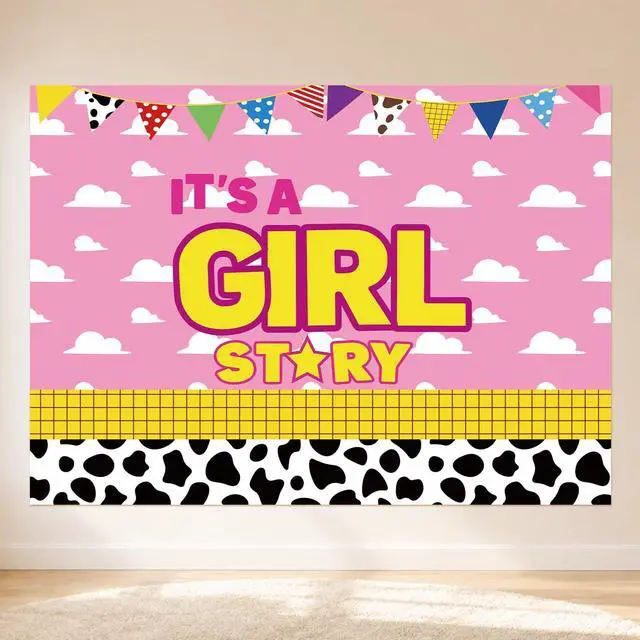 Main image of 1Pcs Cartoon Story Backdrop It's A Girl Party Decorations 51" x 70" | Pink Cow Photography Background for Girls Baby Shower Gender Reveal Cowgirl Birthday Party Supplies