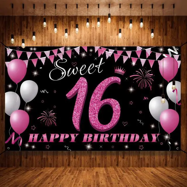 Alt view image 6 of 6 - Sweet 16 Birthday Decorations Backdrop Banner, Sweet Sixteen Decorations for Girls, 16th Birthday Photo Booth Props, Hot Pink 16 Birthday Party Sign Decor for Outdoor Indoor, Fabric 6.1ft x 3ft