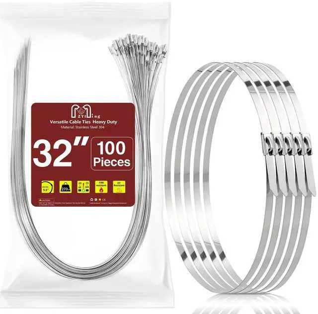 Main image of 32inch Stainless Steel Zip Ties 100 Pack Metal Cable Ties Heavy Duty Self-locking Wire Ties High Temp Zipties Chain Link fence Ties Multi Purpose Binding