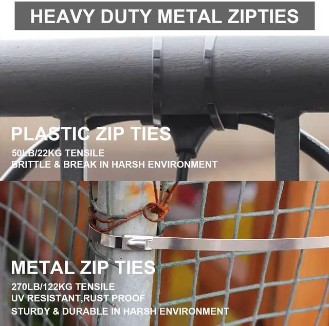 Alt view image 3 of 7 - 32inch Stainless Steel Zip Ties 100 Pack Metal Cable Ties Heavy Duty Self-locking Wire Ties High Temp Zipties Chain Link fence Ties Multi Purpose Binding