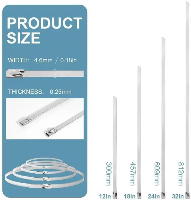 Alt view image 7 of 7 - 32inch Stainless Steel Zip Ties 100 Pack Metal Cable Ties Heavy Duty Self-locking Wire Ties High Temp Zipties Chain Link fence Ties Multi Purpose Binding