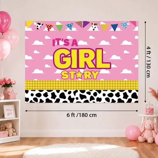 Alt view image 2 of 5 - 1Pcs Cartoon Story Backdrop It's A Girl Party Decorations 51" x 70" | Pink Cow Photography Background for Girls Baby Shower Gender Reveal Cowgirl Birthday Party Supplies