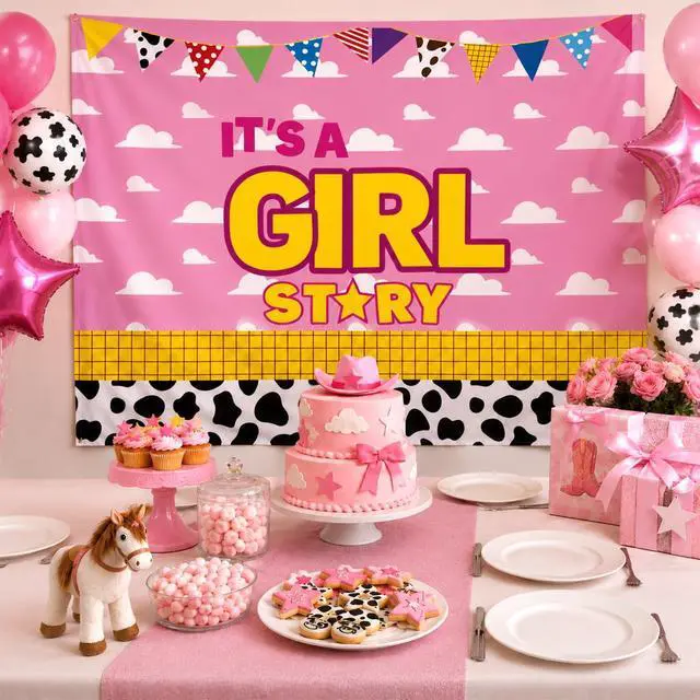 Alt view image 3 of 5 - 1Pcs Cartoon Story Backdrop It's A Girl Party Decorations 51" x 70" | Pink Cow Photography Background for Girls Baby Shower Gender Reveal Cowgirl Birthday Party Supplies